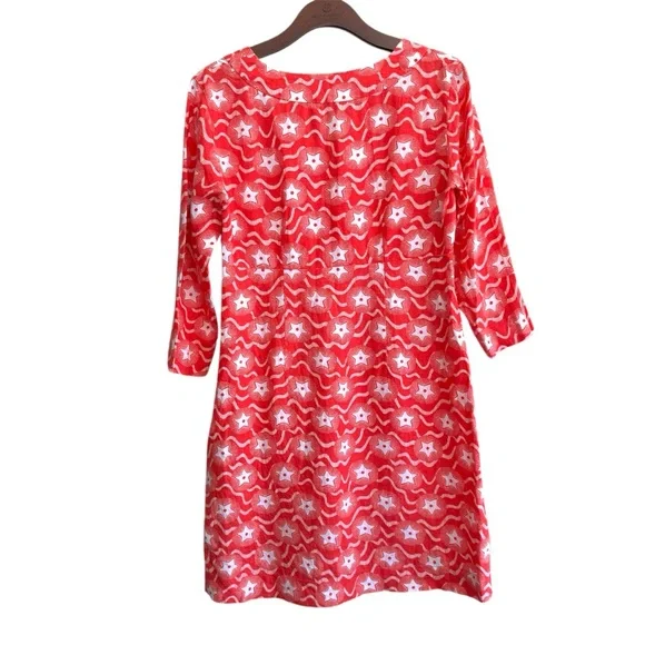 Boden Linen Dress Size 6 Long red Stars Print 100% Linen Washable 4th of July - Picture 3 of 11